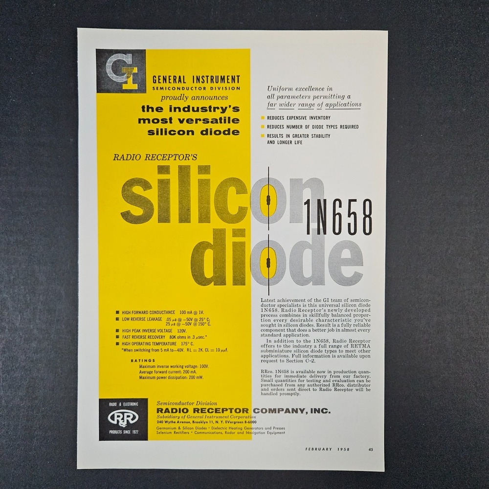 1958 Radio Receptor Co General Instrument Silicon Diode 1N658 Vintage Print Ad